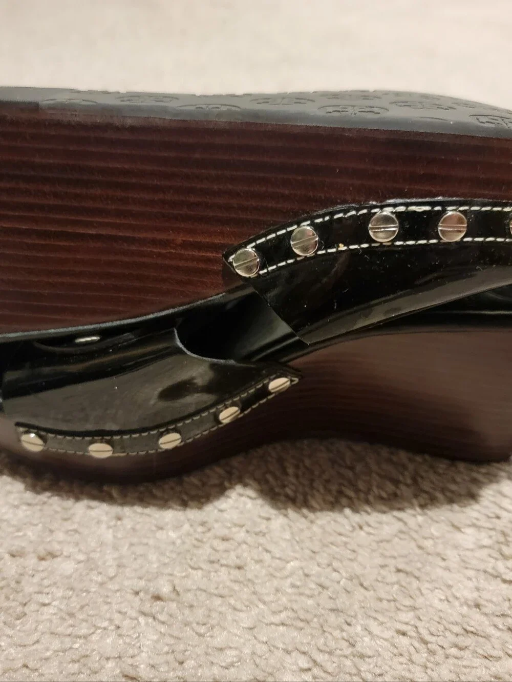 Tory Burch Patti Black Patent Leather Slides Platform Wedge Mule Sandal Size 8